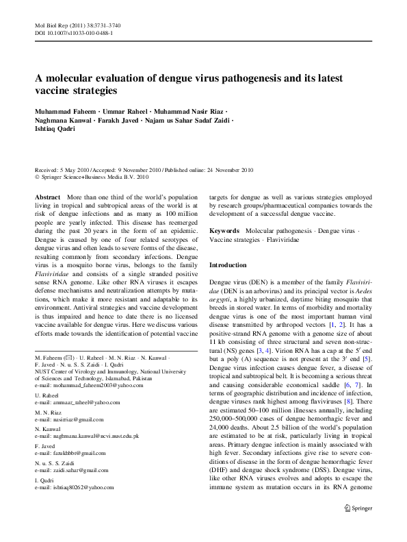 (PDF) A molecular evaluation of dengue virus pathogenesis and its ...
