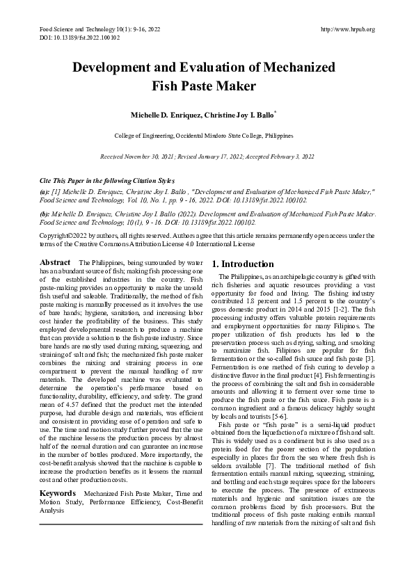 (PDF) Development and Evaluation of Mechanized Fish Paste Maker