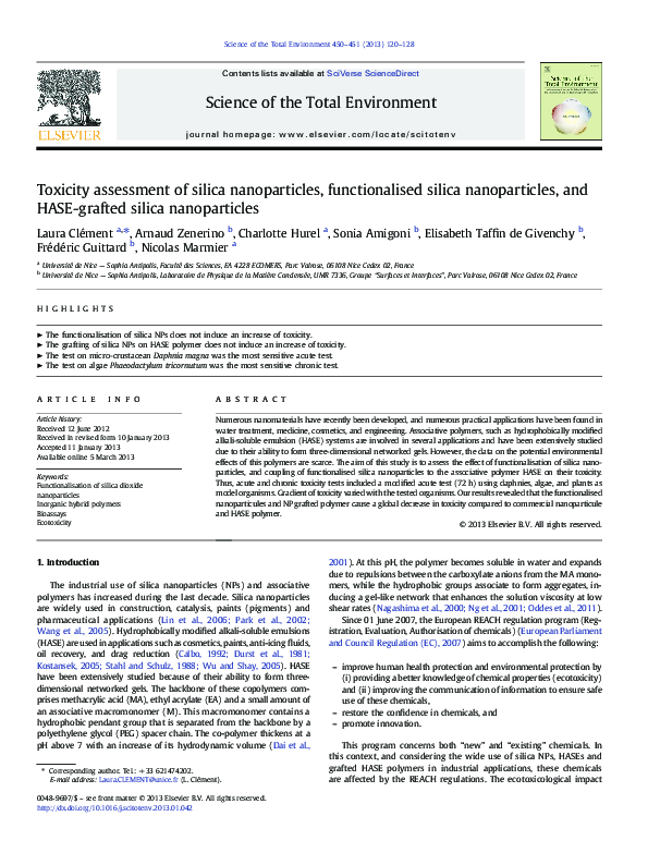 (PDF) Toxicity assessment of silica nanoparticles, functionalised ...