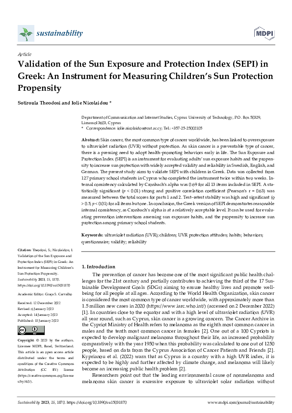 (PDF) Validation of the Sun Exposure and Protection Index (SEPI) in ...