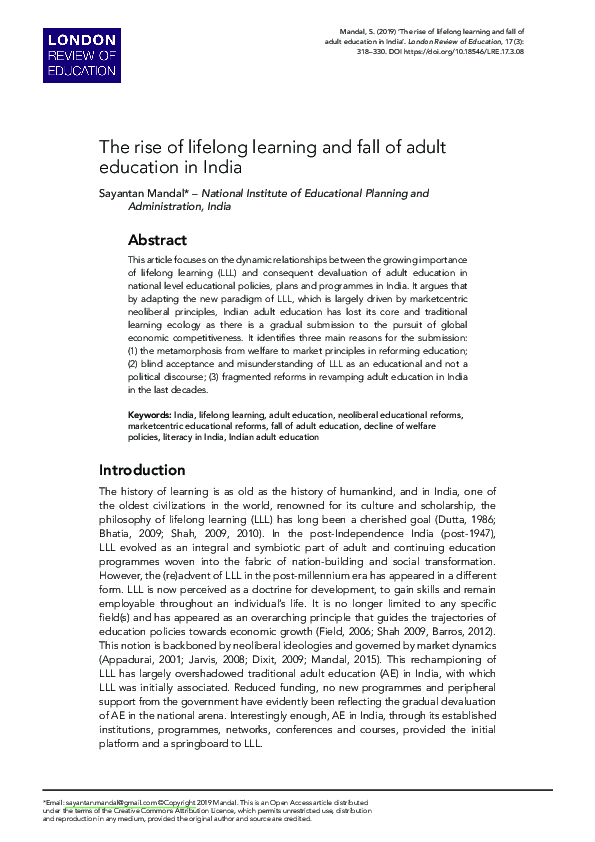 (PDF) The rise of lifelong learning and fall of adult education in India