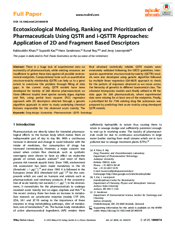 (PDF) Ecotoxicological Modeling, Ranking and Prioritization of ...