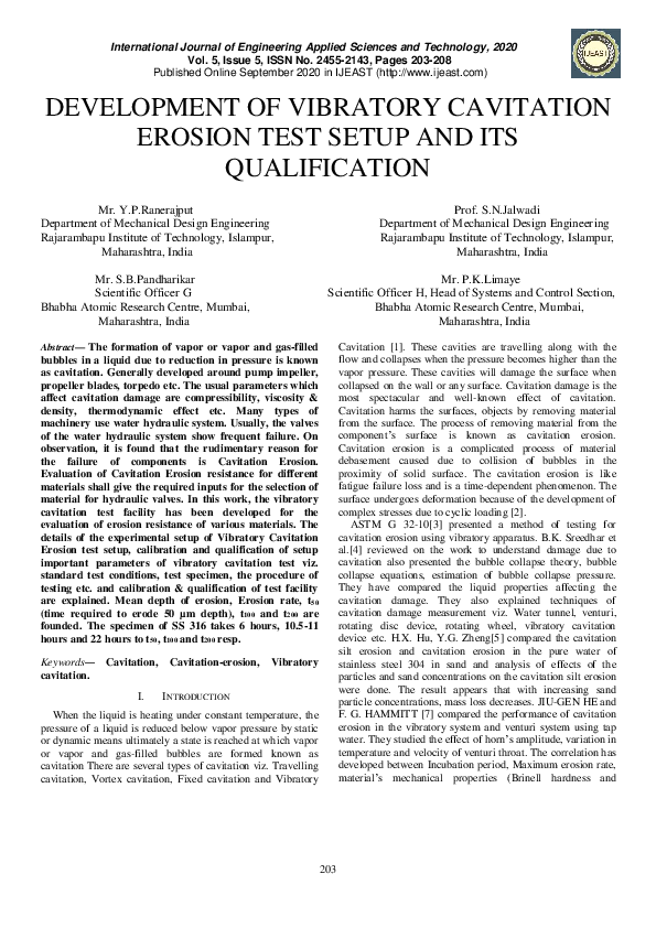 (PDF) Development of Vibratory Cavitation Erosion Test Setup and Its ...