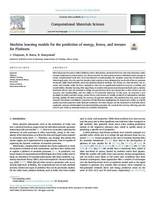 (PDF) Machine learning models for the prediction of energy, forces, and ...