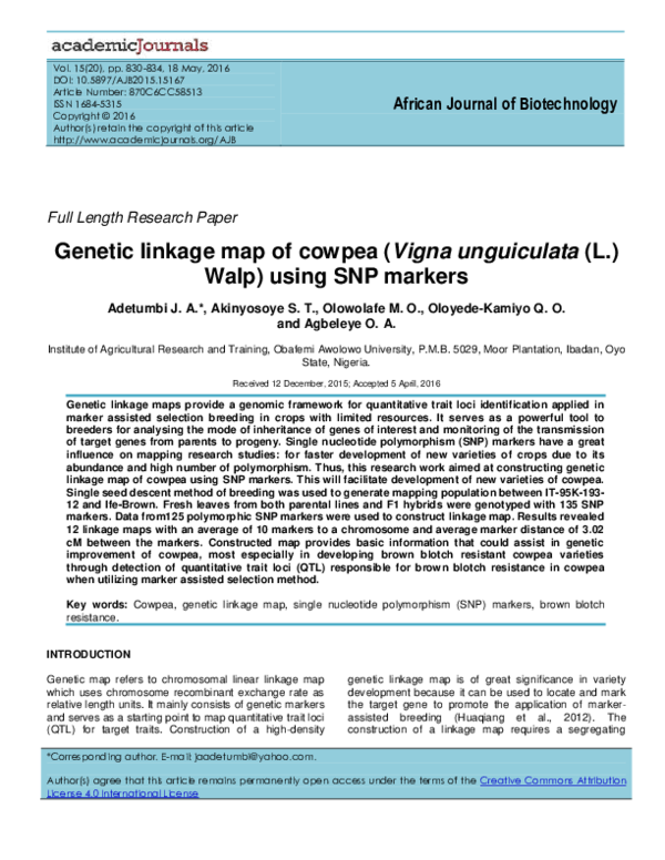 (PDF) Genetic linkage map of cowpea (Vigna unguiculata (L.) Walp) using ...