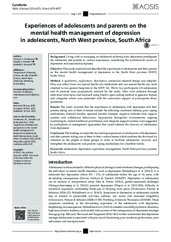 (PDF) Experiences of adolescents and parents on the mental health ...