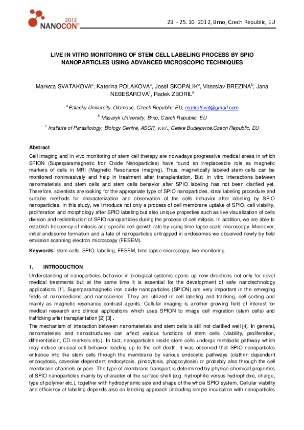 (PDF) Live in Vitro Monitoring of Stem Cell Labeling Process by Spio ...