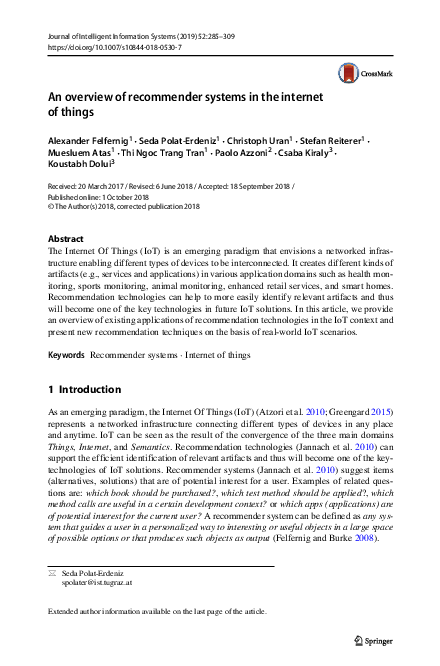 (PDF) An overview of recommender systems in the internet of things