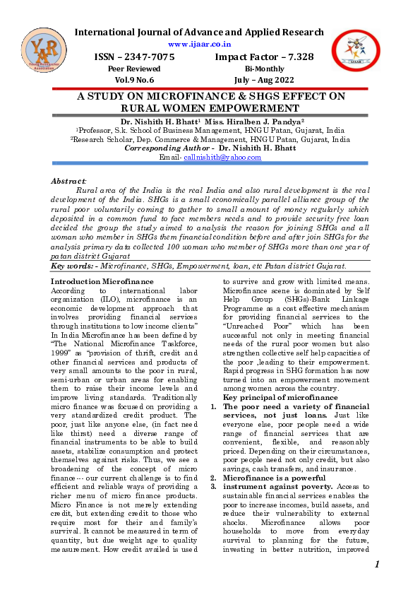 (PDF) A Study on Microfinance & SHGS Effect on Rural Women Empowerment