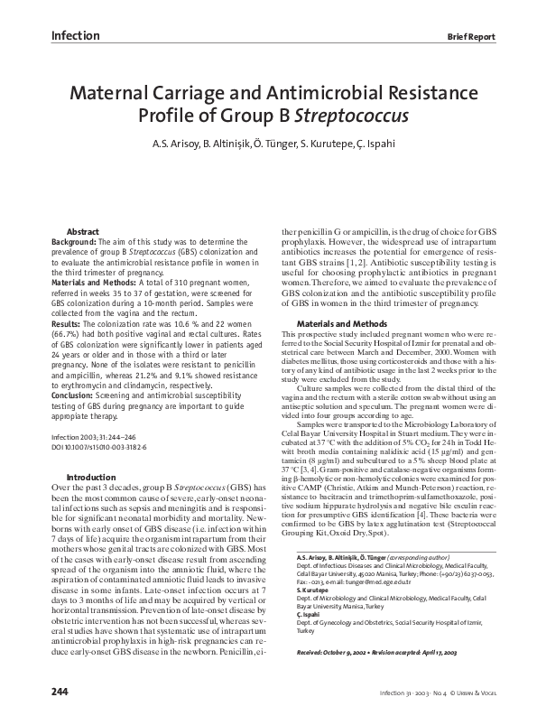 (PDF) Maternal Carriage and Antimicrobial Resistance Profile of Group B ...