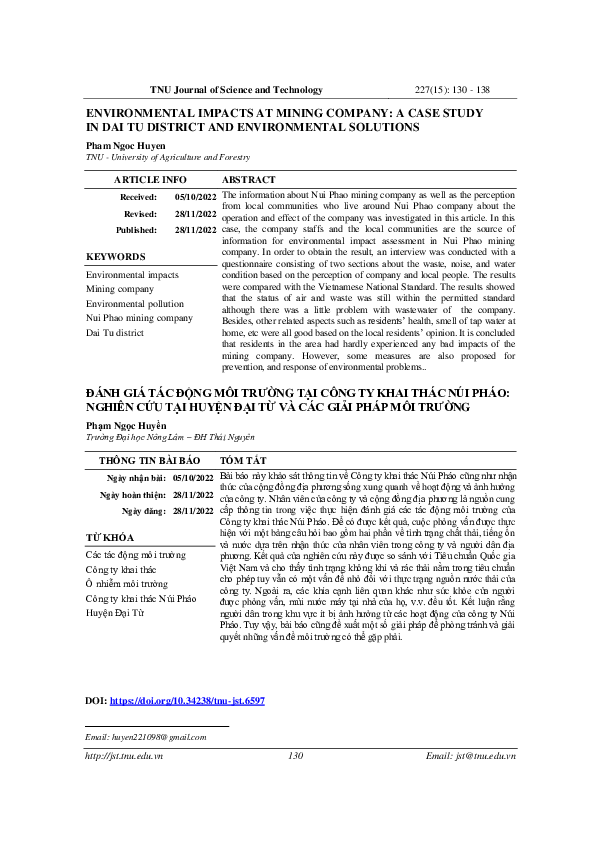 (PDF) Environmental Impacts at Mining Company: A Case Study in Dai Tu ...