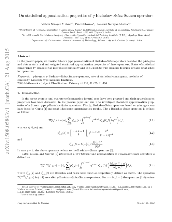 (PDF) On statistical approximation properties of q-Baskakov–Szász ...