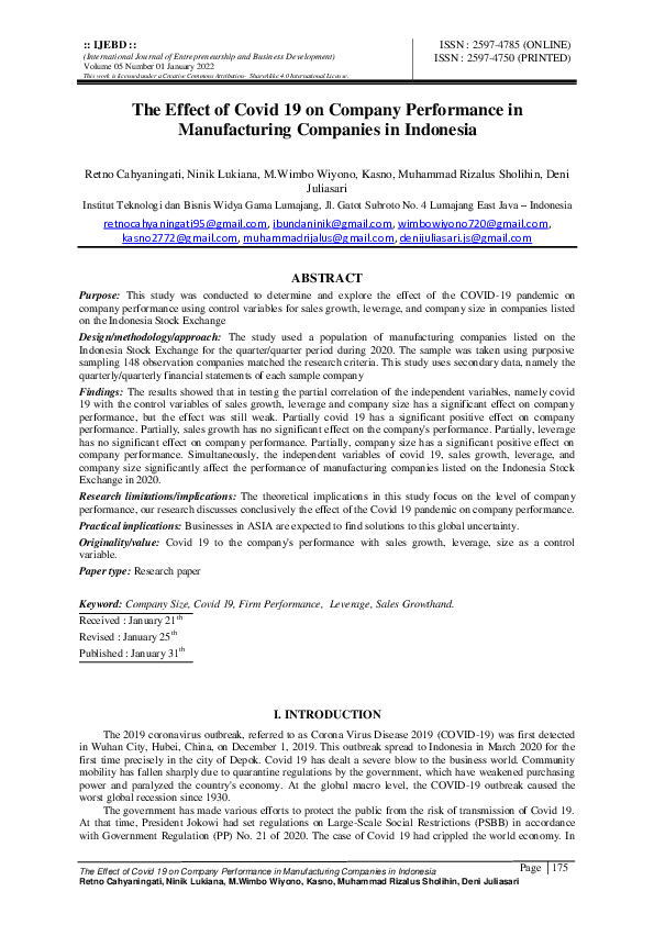 (PDF) The Effect of Covid 19 on Company Performance in Manufacturing ...