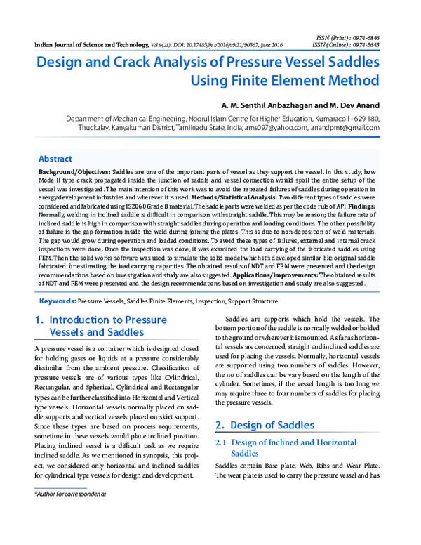 (PDF) Design and Crack Analysis of Pressure Vessel Saddles Using Finite ...