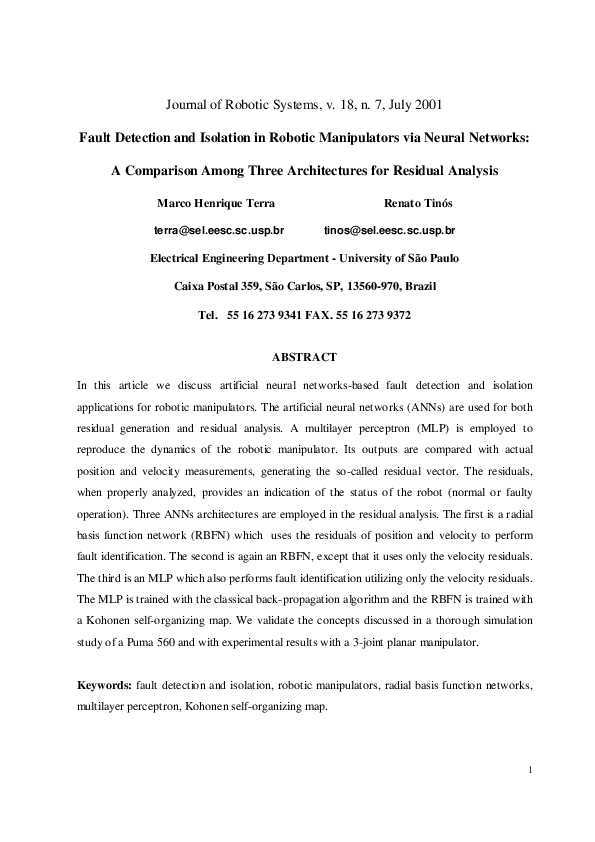 (PDF) Fault detection and isolation in robotic manipulators via neural ...