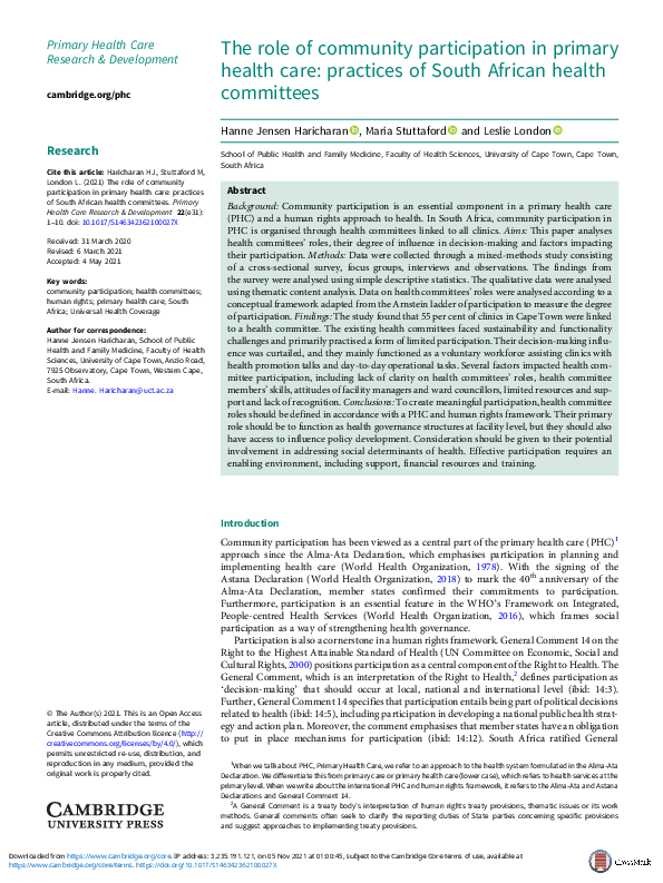 (PDF) The role of community participation in primary health care ...
