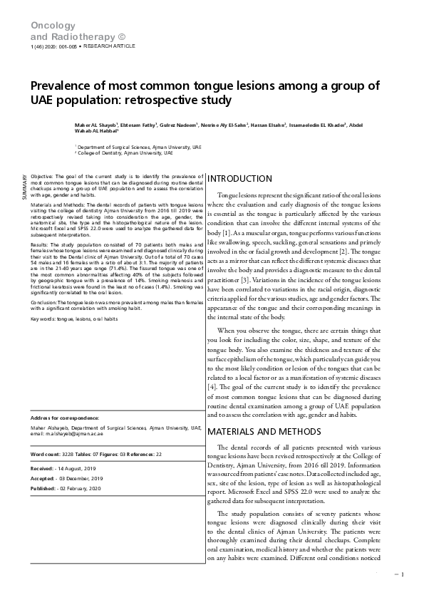 (PDF) Prevalence of most common tongue lesions among a group of UAE