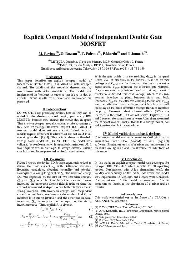 (PDF) Explicit compact model of independent double-gate MOSFET