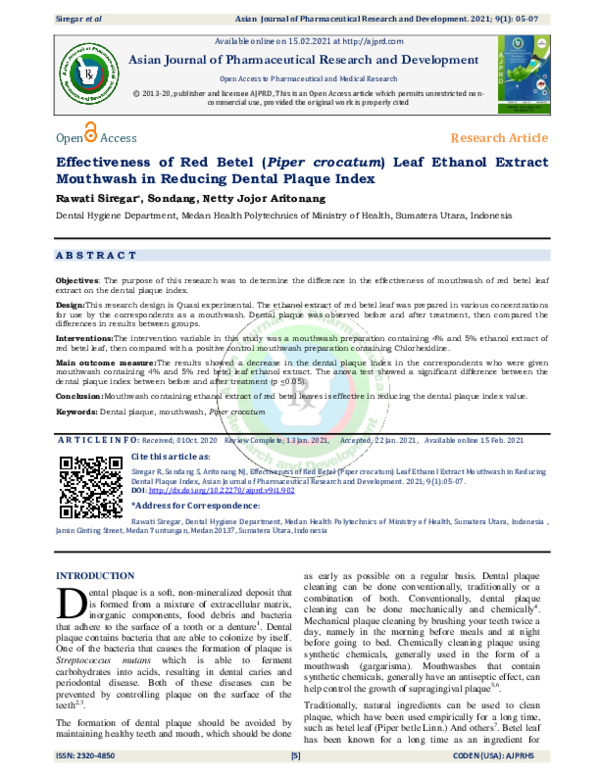 (PDF) the Effectiveness of Red Betel (Piper crocatum) Leaf Ethanol ...
