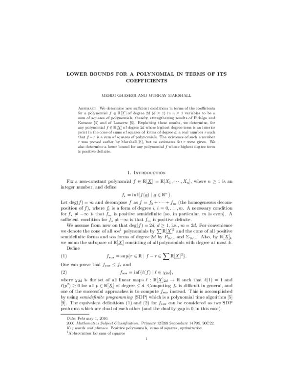 (PDF) Lower bounds for a polynomial in terms of its coefficients