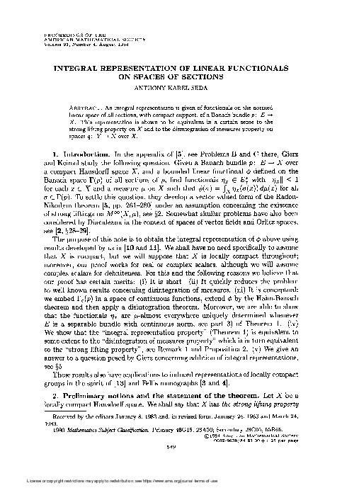 (PDF) Integral representation of linear functionals on spaces of sections