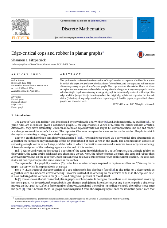 (PDF) Edge-critical cops and robber in planar graphs