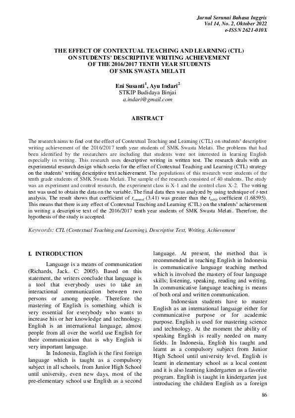 (PDF) The Effect of Contextual Teaching and Learning (CTL) on Students ...