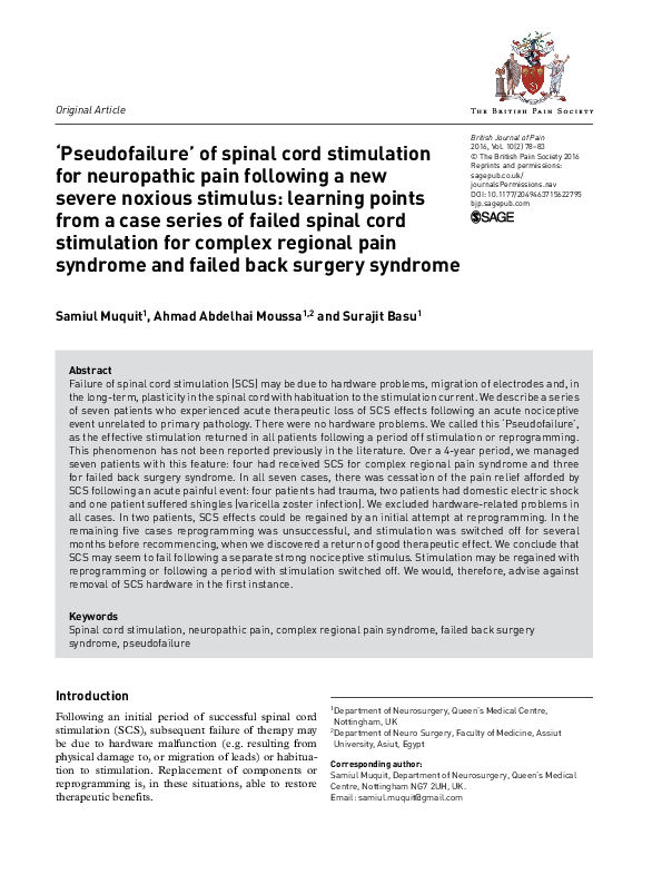 (PDF) ‘Pseudofailure’ of spinal cord stimulation for neuropathic pain ...