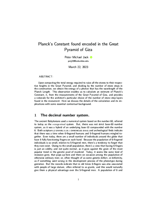 (PDF) Planck's Constant found encoded in the Great Pyramid of Giza