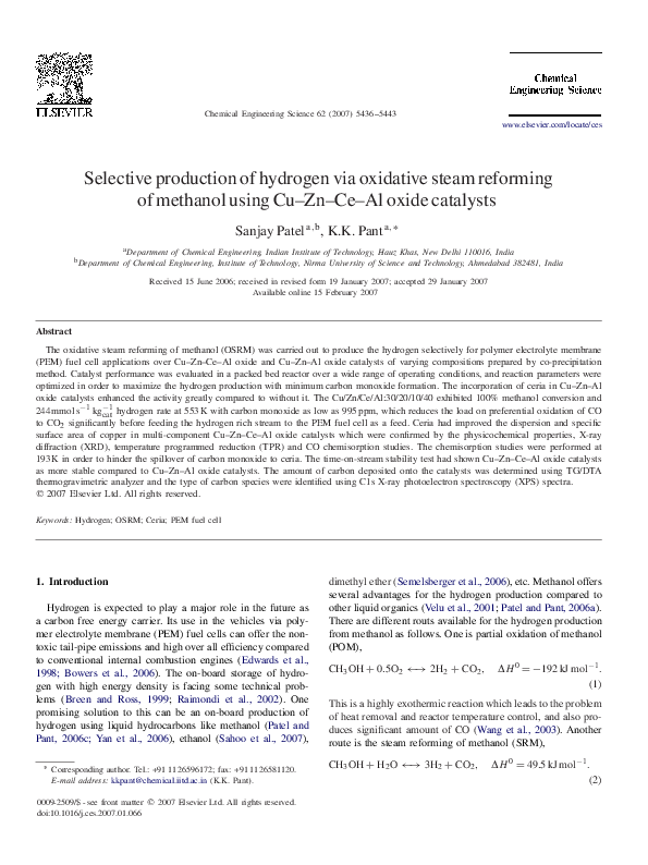 (PDF) Selective production of hydrogen via oxidative steam reforming of ...