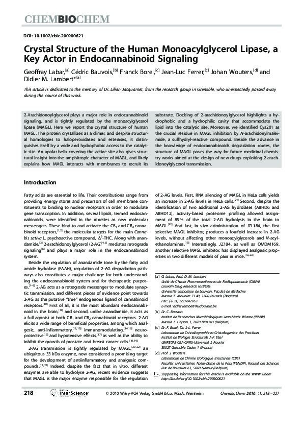 (PDF) Crystal Structure of the Human Monoacylglycerol Lipase, a Key ...