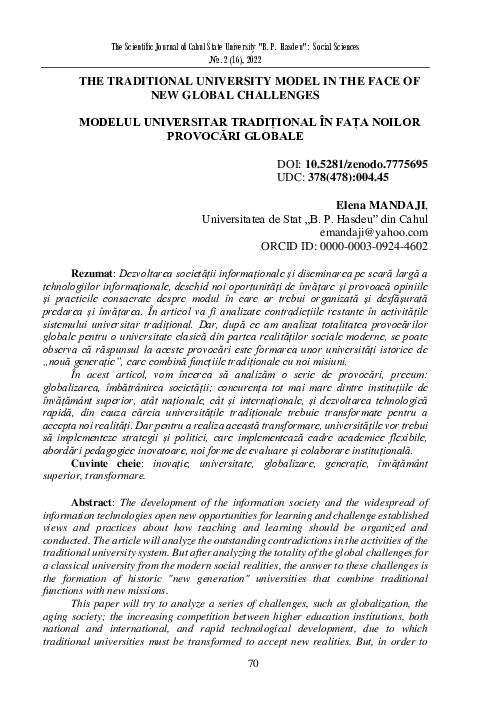(PDF) THE TRADITIONAL UNIVERSITY MODEL IN THE FACE OF NEW GLOBAL CHALLENGES