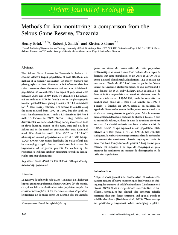 (PDF) Methods for lion monitoring: a comparison from the Selous Game ...