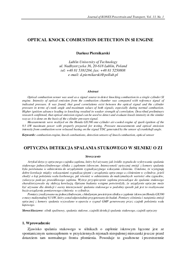 (PDF) Optical knock combustion detection in SI engine