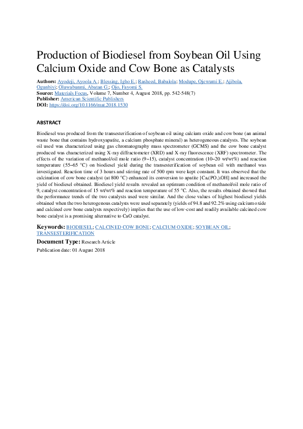 (PDF) Production of Biodiesel from Soybean Oil Using Calcium Oxide and