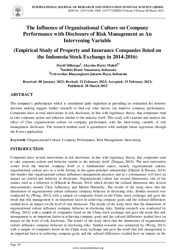 (PDF) The Influence of Organizational Culture on Company Performance ...
