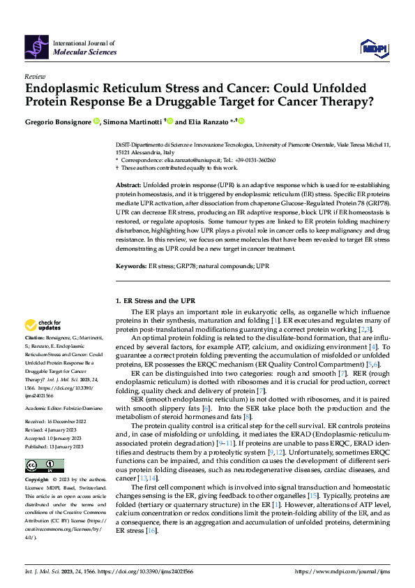 (PDF) Endoplasmic Reticulum Stress and Cancer: Could Unfolded Protein ...