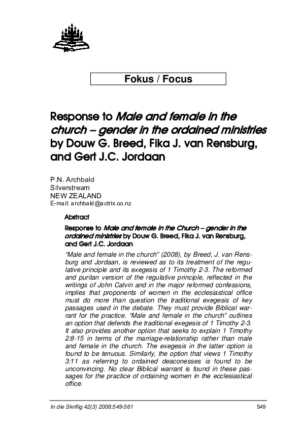 (PDF) Response to Male and female in the church – gender in the ...