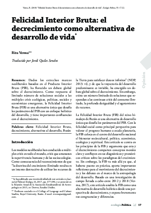 Felicidad Interior Bruta: el decrecimiento como alternativa de desarrollo de vida