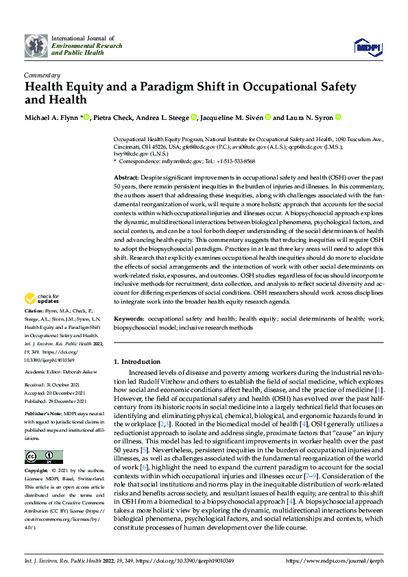 (PDF) Health Equity and a Paradigm Shift in Occupational Safety and Health