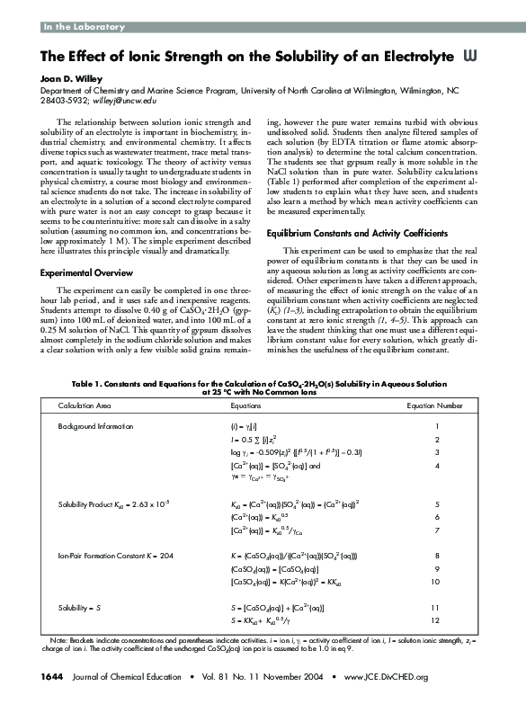 (PDF) The Effect of Ionic Strength on the Solubility of an Electrolyte