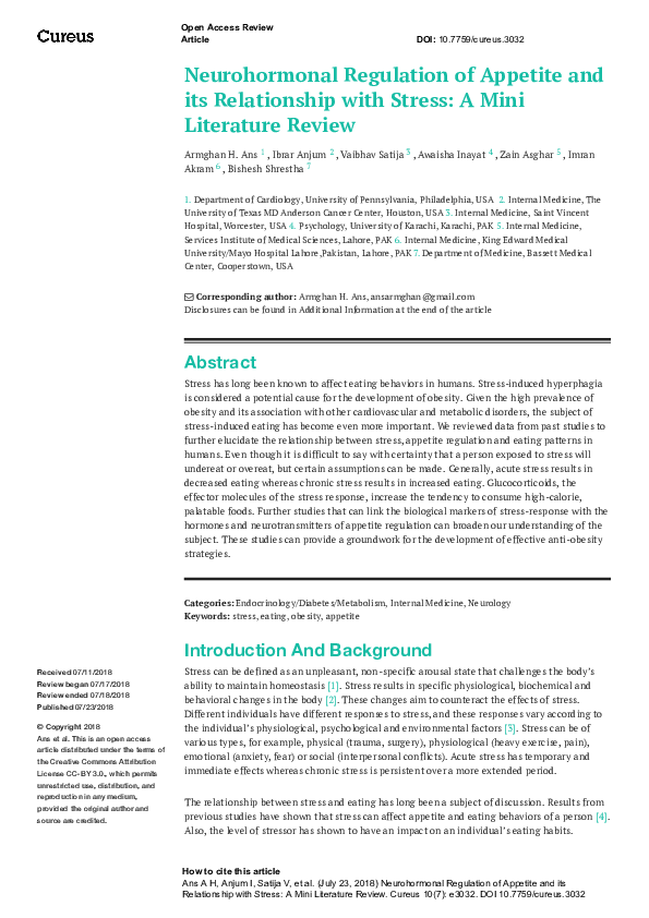 (PDF) Neurohormonal Regulation of Appetite and its Relationship with ...