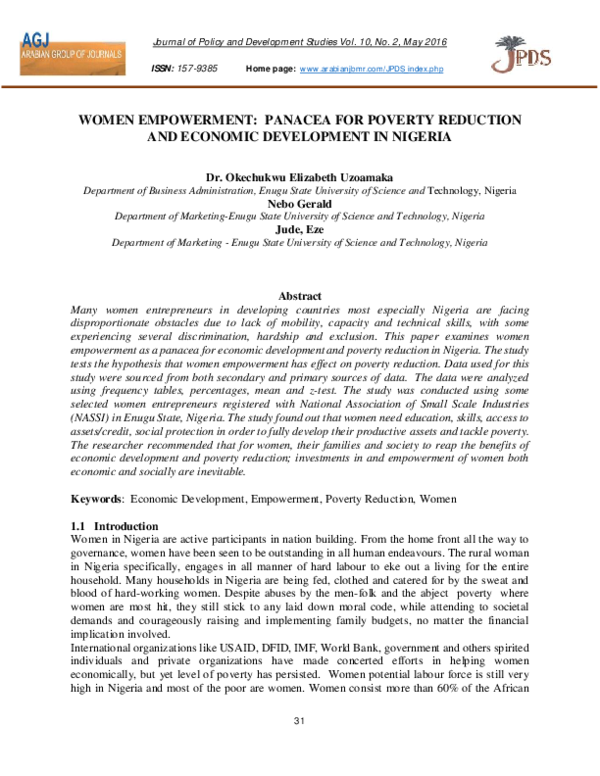 (PDF) Women Empowerment : Panacea for Poverty Reduction and Economic ...