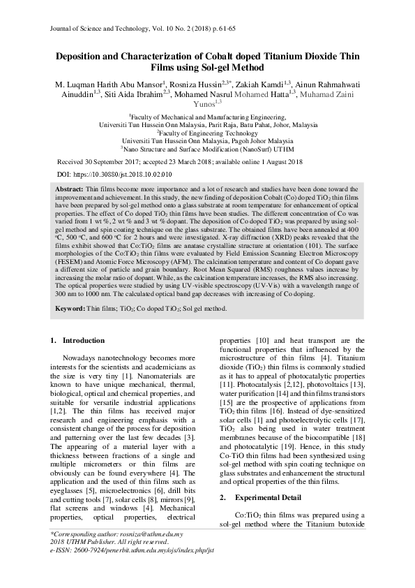 (PDF) Deposition and Characterization of Cobalt doped Titanium Dioxide ...