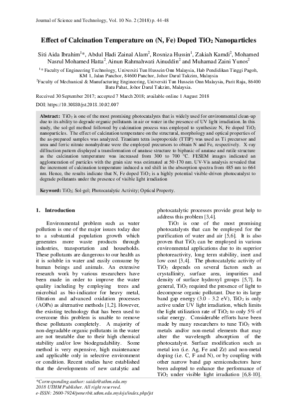 (PDF) Effect of Calcination Temperature on (N, Fe) Doped TiO2 Nanoparticles
