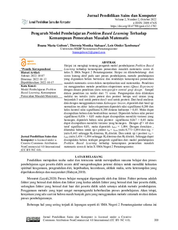 Pdf Pengaruh Model Pembelajaran Problem Based Learning Terhadap