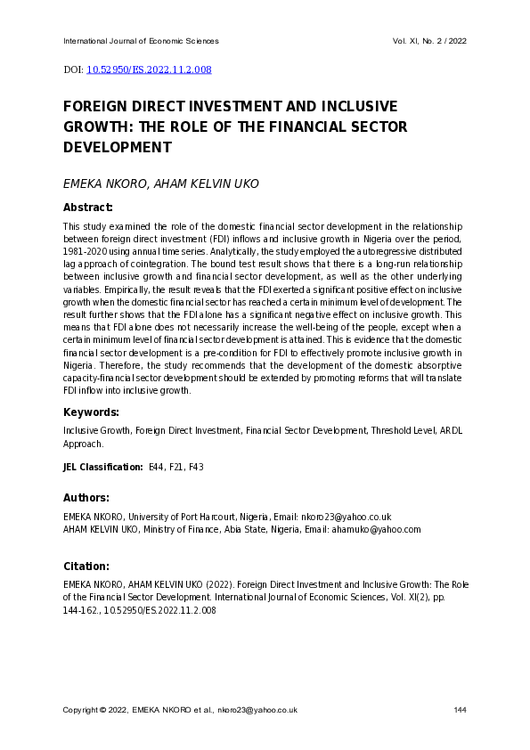 (PDF) Foreign Direct Investment and Inclusive Growth: The Role of the ...