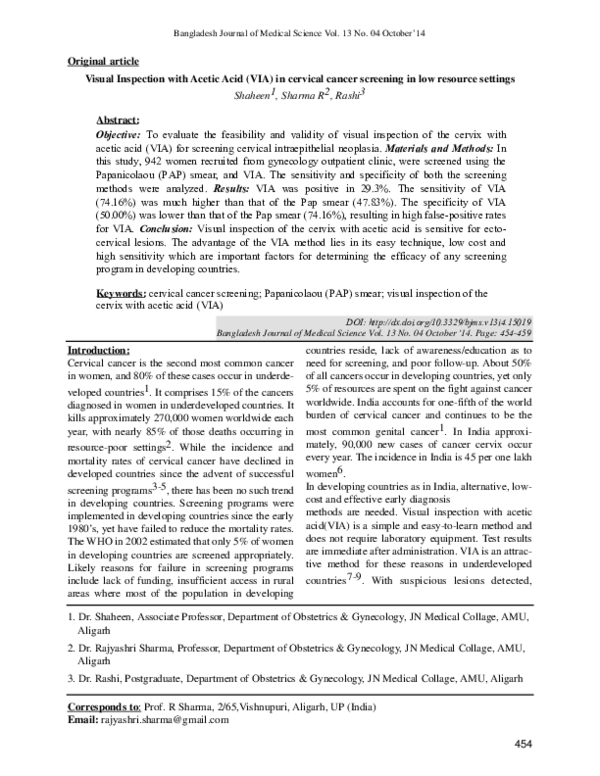 (PDF) Visual Inspection with Acetic Acid (VIA) in cervical cancer