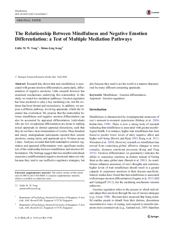 (PDF) The Relationship Between Mindfulness and Negative Emotion ...
