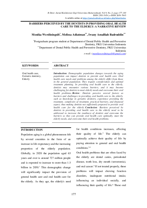 (PDF) Barriers Perceived by the Dentists in Providing Oral Health Care ...